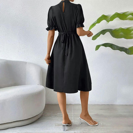 Women's Summer Casual Puff Short Sleeve Mock Neck Dress Flowy Swing Midi Dresses