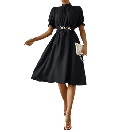 Women's Summer Casual Puff Short Sleeve Mock Neck Dress Flowy Swing Midi Dresses