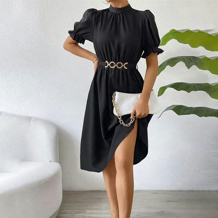 Women's Summer Casual Puff Short Sleeve Mock Neck Dress Flowy Swing Midi Dresses