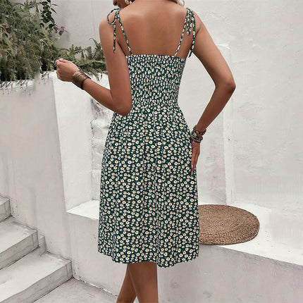 Women's Summer Floral V Neck Tie Strap Midi Dress Split Bodycon Dresses