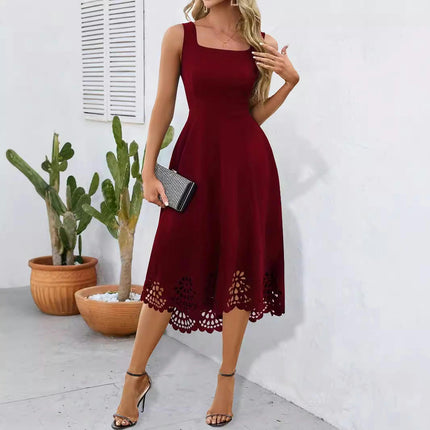 Womens Sleeveless Square Neck Dress Dresses Summer High Low Swing Midi Dress