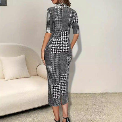 Women Casual Houndstooth Short Sleeve Midi Dresses Mock Neck Bodycon Split Dress