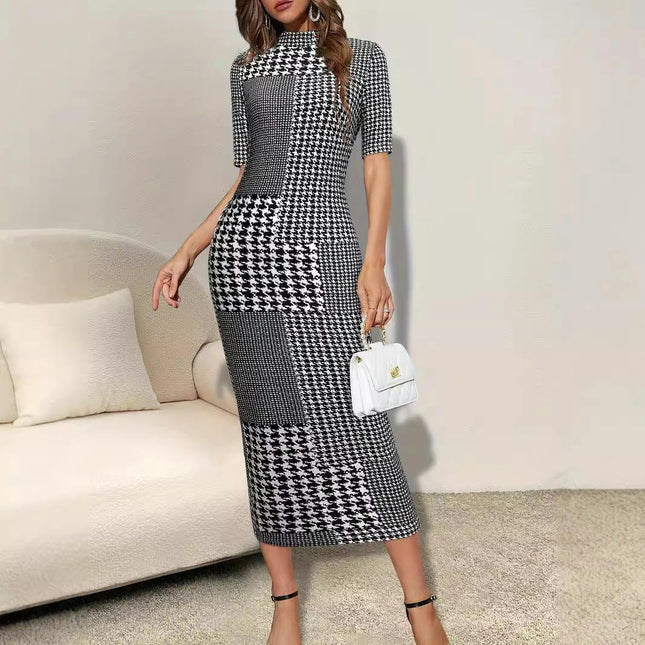 Women Casual Houndstooth Short Sleeve Midi Dresses Mock Neck Bodycon Split Dress