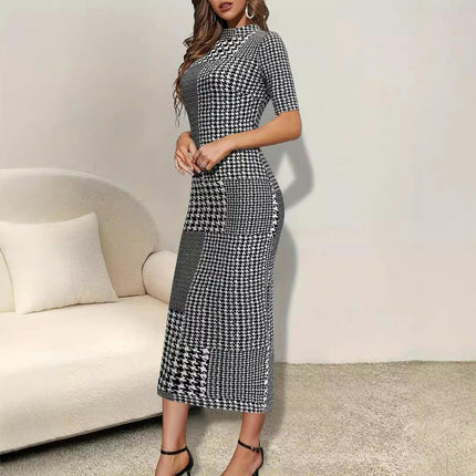 Women Casual Houndstooth Short Sleeve Midi Dresses Mock Neck Bodycon Split Dress