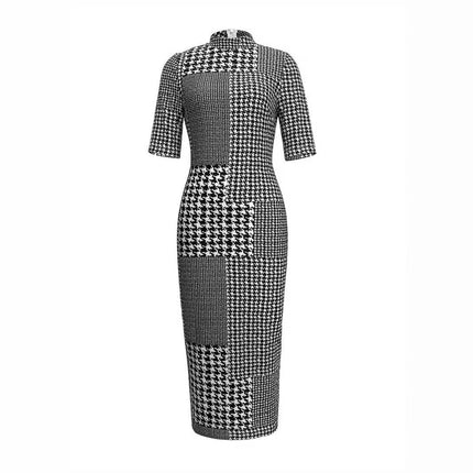 Women Casual Houndstooth Short Sleeve Midi Dresses Mock Neck Bodycon Split Dress