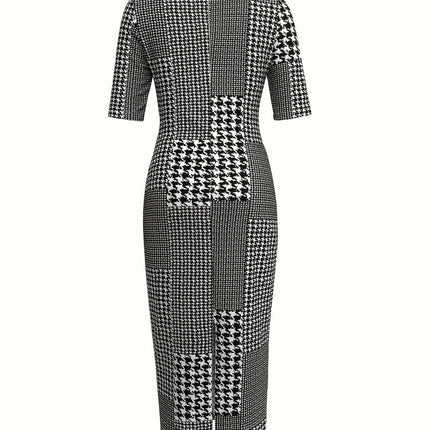 Women Casual Houndstooth Short Sleeve Midi Dresses Mock Neck Bodycon Split Dress