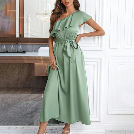 Women Sexy Maxi Dress Ruffled Sleeve One Shoulder Elegant Party Long Dresses