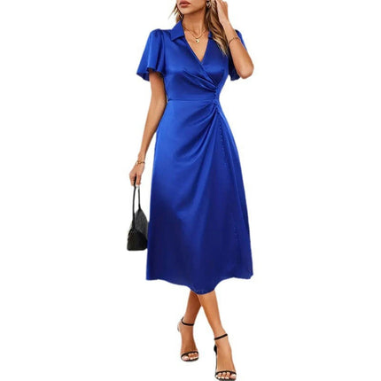 Womens Summer Dress Casual Ruffled Sleeve V Neck Ruched Flowy A-Line Midi Dresses