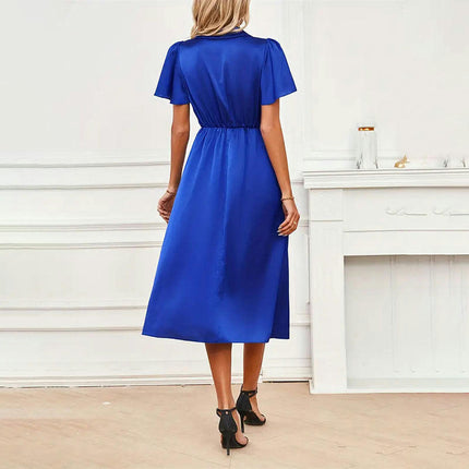 Womens Summer Dress Casual Ruffled Sleeve V Neck Ruched Flowy A-Line Midi Dresses