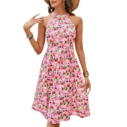 Women Summer Casual Halter Neck Mini Dress Sleeveless Flowy Boho A Line Floral Dresses