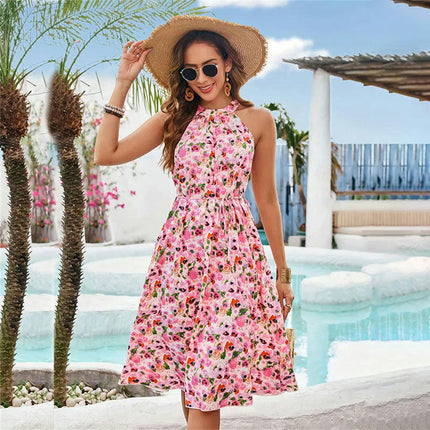 Women Summer Casual Halter Neck Mini Dress Sleeveless Flowy Boho A Line Floral Dresses