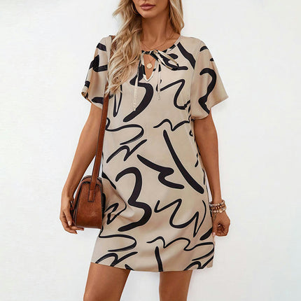 Women's Short Sleeve Print Mini Dress Summer Tie V Neck Casual Loose Dress