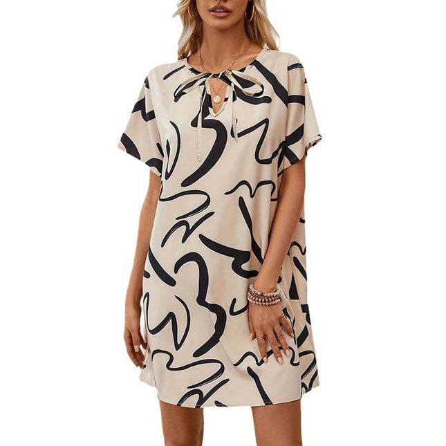 Women's Short Sleeve Print Mini Dress Summer Tie V Neck Casual Loose Dress