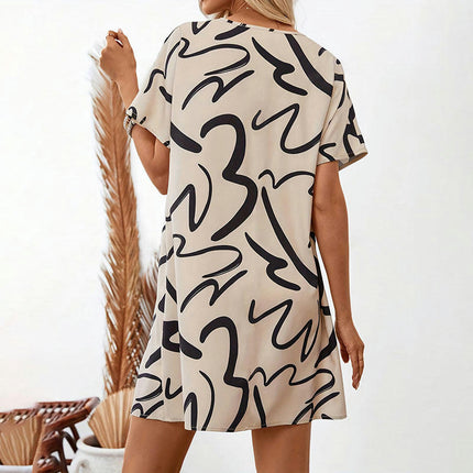 Women's Short Sleeve Print Mini Dress Summer Tie V Neck Casual Loose Dress