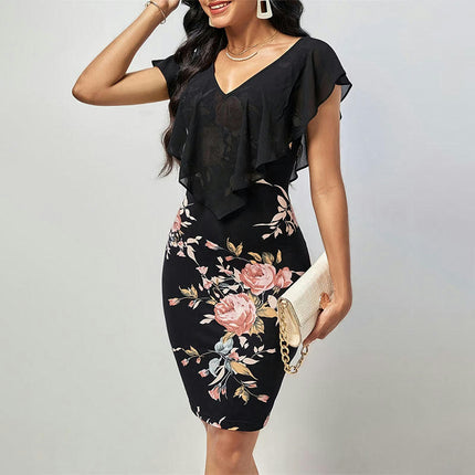 Women's V Neck Ruffle Short Sleeve Summer Dresses Bodycon Floral Mini Dress