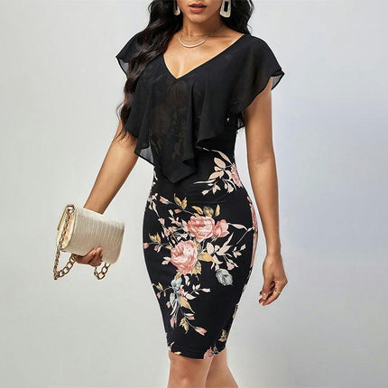 Women's V Neck Ruffle Short Sleeve Summer Dresses Bodycon Floral Mini Dress