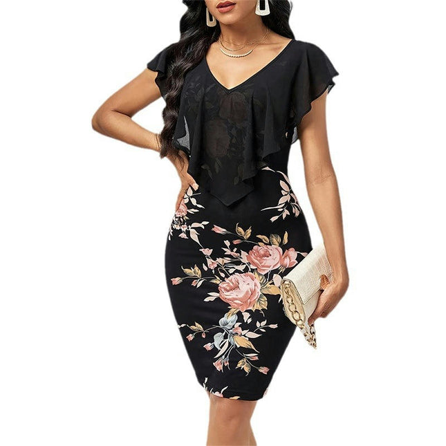 Women's V Neck Ruffle Short Sleeve Summer Dresses Bodycon Floral Mini Dress