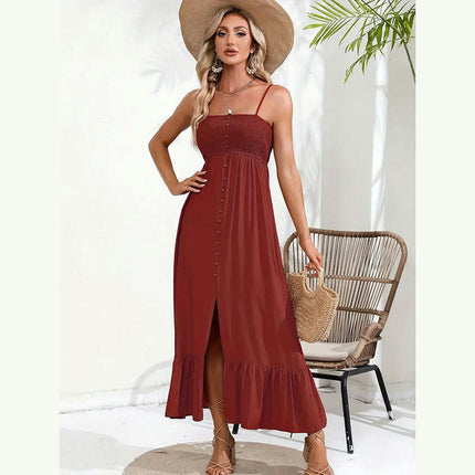 Women Summer Maxi Dress Smocked Sleeveless Spaghetti Strap Ruffle Split Long Dress