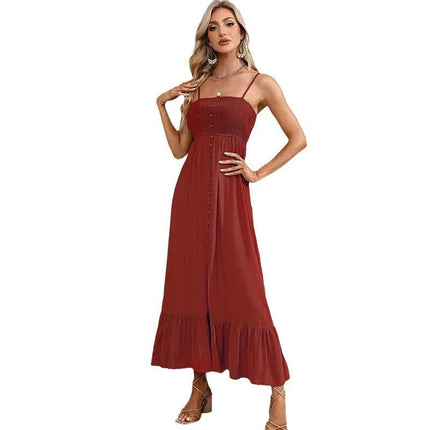 Women Summer Maxi Dress Smocked Sleeveless Spaghetti Strap Ruffle Split Long Dress