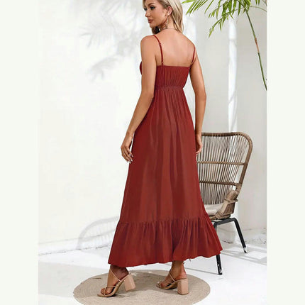 Women Summer Maxi Dress Smocked Sleeveless Spaghetti Strap Ruffle Split Long Dress