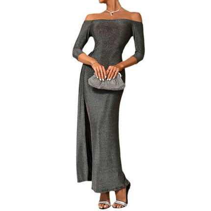 Women's Off Shoulder Maxi Dress 3/4 Sleeve Split Bodycon Sexy Dresses