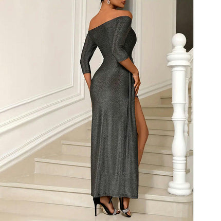 Women's Off Shoulder Maxi Dress 3/4 Sleeve Split Bodycon Sexy Dresses