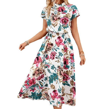 Women's Summer Short Sleeve Mock Neck Dress Floral Print Casual Midi Dresses