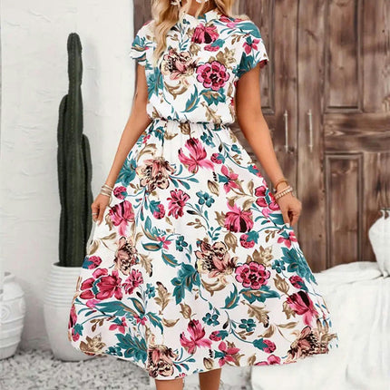 Women's Summer Short Sleeve Mock Neck Dress Floral Print Casual Midi Dresses