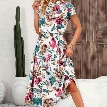 Women's Summer Short Sleeve Mock Neck Dress Floral Print Casual Midi Dresses