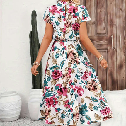 Women's Summer Short Sleeve Mock Neck Dress Floral Print Casual Midi Dresses