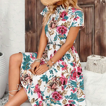 Women's Summer Short Sleeve Mock Neck Dress Floral Print Casual Midi Dresses