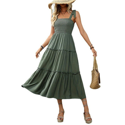 Women's Summer Tie Strap Maxi Dress Smocked Floral Sleeveless Ruffle Long Dresses