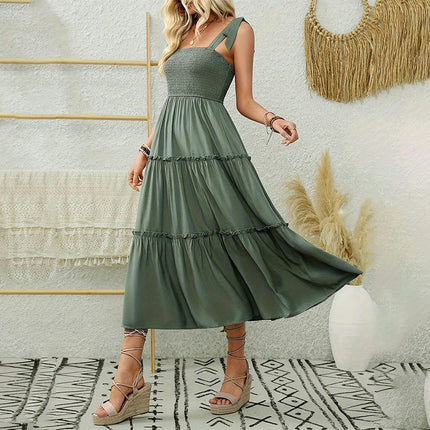 Women's Summer Tie Strap Maxi Dress Smocked Floral Sleeveless Ruffle Long Dresses