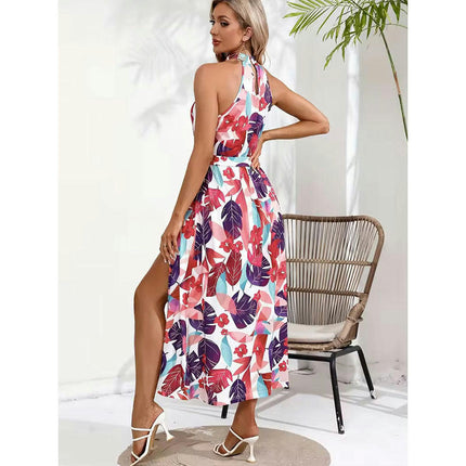 Womens Casual Halter Neck Dress Sleeveless Floral Print A-line Split Summer Dresses