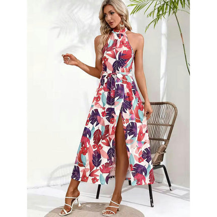 Womens Casual Halter Neck Dress Sleeveless Floral Print A-line Split Summer Dresses