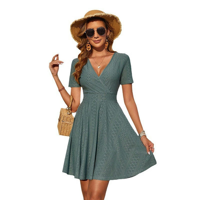 Women's Summer Short Sleeve Casual Dresses V-Neck Eyelets A-Line Swing Dress