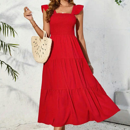 Women's Summer Dress Square Neck Smocked Boho Dress Ruffle Flowy Long Tiered Dress