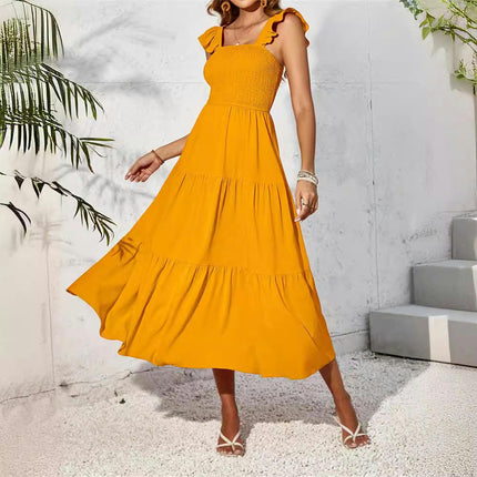 Women's Summer Dress Square Neck Smocked Boho Dress Ruffle Flowy Long Tiered Dress