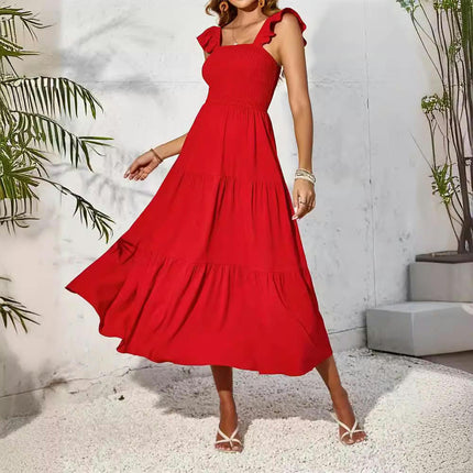 Women's Summer Dress Square Neck Smocked Boho Dress Ruffle Flowy Long Tiered Dress