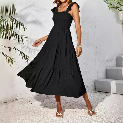 Women's Summer Dress Square Neck Smocked Boho Dress Ruffle Flowy Long Tiered Dress