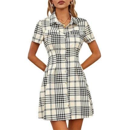 Womens Houndstooth Print Shirt Dress V Neck Button Dow Short Sleeve Mini Dress