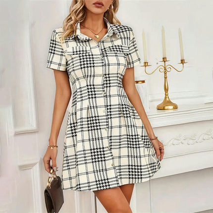 Womens Houndstooth Print Shirt Dress V Neck Button Dow Short Sleeve Mini Dress