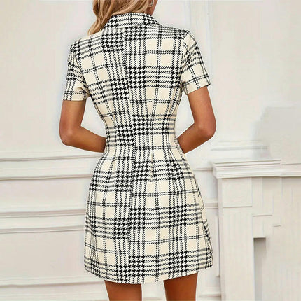 Womens Houndstooth Print Shirt Dress V Neck Button Dow Short Sleeve Mini Dress