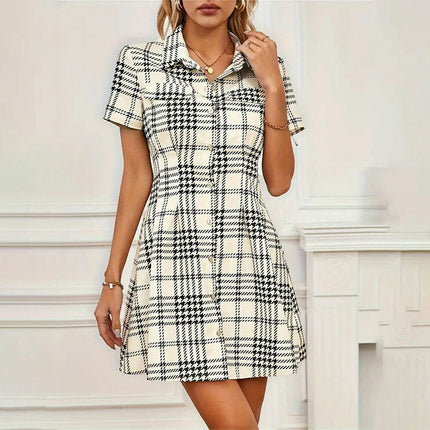 Womens Houndstooth Print Shirt Dress V Neck Button Dow Short Sleeve Mini Dress