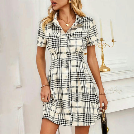 Womens Houndstooth Print Shirt Dress V Neck Button Dow Short Sleeve Mini Dress