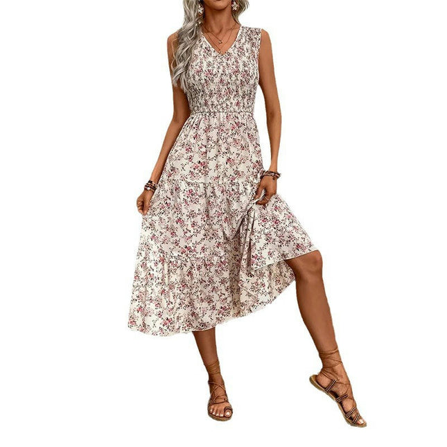 Womens Summer Dresses Sleeveless Smocked Floral Print Tiered Ruffled Midi Dress