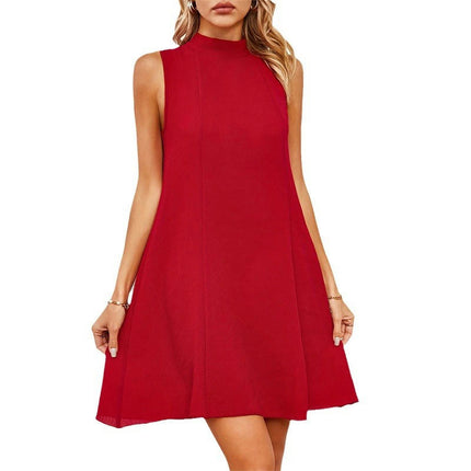 Women's Summer Mock Neck Sleeveless Loose Pleated A Line Flowy Mini Dress