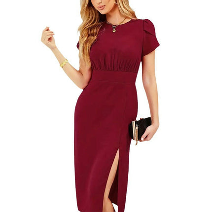 Women Summer Casual Dress Short Sleeve Crew Neck Ruched Split Bodycon Midi Dresses