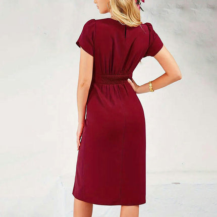 Women Summer Casual Dress Short Sleeve Crew Neck Ruched Split Bodycon Midi Dresses