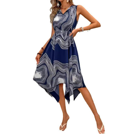 Womens Summer Midi Dresses Casual Sleeveless Crew Neck Asymmetrical Flowy Dress